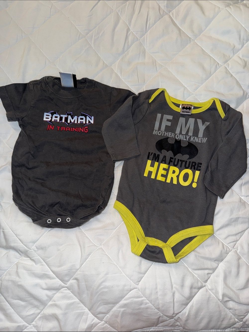 6m Batman Gray & Yellow Baby Bodysuit Set x2